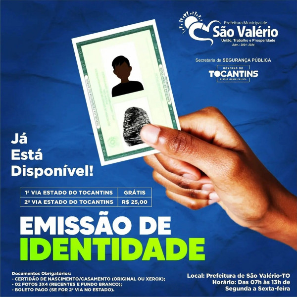Já Esta Disponível a Emissão do Documento de Identidade (RG) em São Valério-TO!