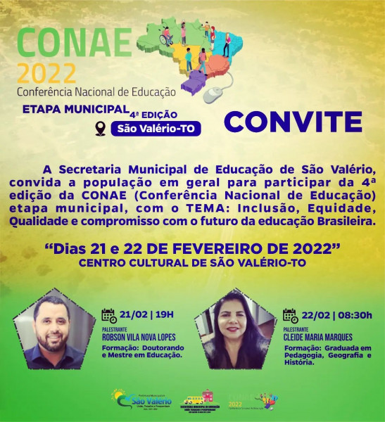A Secretaria de Educação de São Valério Convida a População em Geral Para a CONAE (Conferência Nacional de Educação) Etapa Municipal.