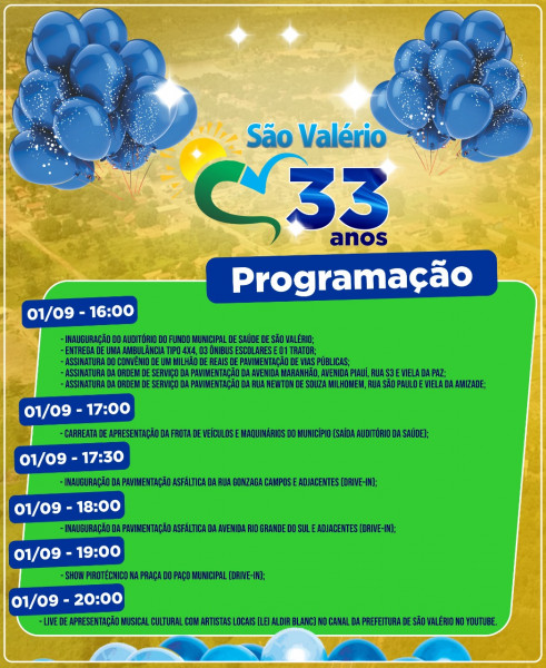 Prefeitura de São Valério Divulga Programação de Aniversário de 33 Anos da Cidade!
