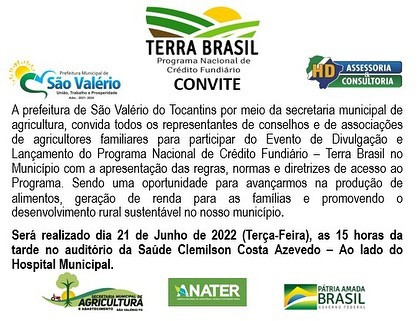 Secretaria da Agricultura de São Valério Convida Agricultores para o Lançamento do Programa Terra Brasil.