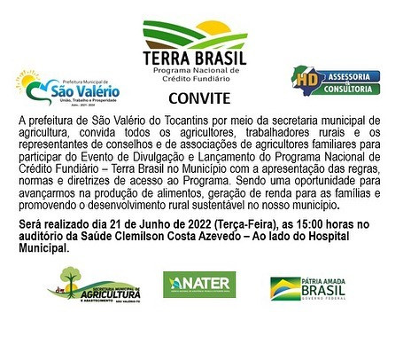 Secretaria da Agricultura de São Valério Convida Agricultores para o Lançamento do Programa Terra Brasil.